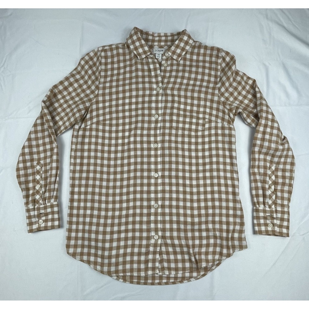 J CREW RE IMAGINED WOMEN XS TAN GINGHAM BUTTON UP SHIRT LONG SLEEVE COTTON PREPP